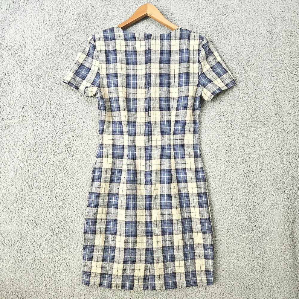 Vintage 90s My Michelle Blue Plaid Mini Dress 7/8 XS Short Sleeve Linen Grunge - Picture 2 of 14